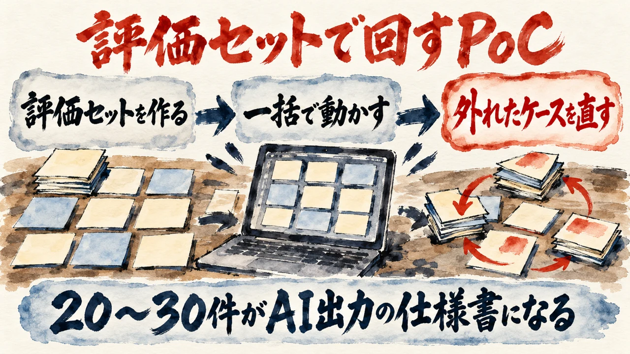 図解。評価セットを作る、一括で動かす、外れたケースを直す、の三つの札が矢印で並び、水彩画が添えられている