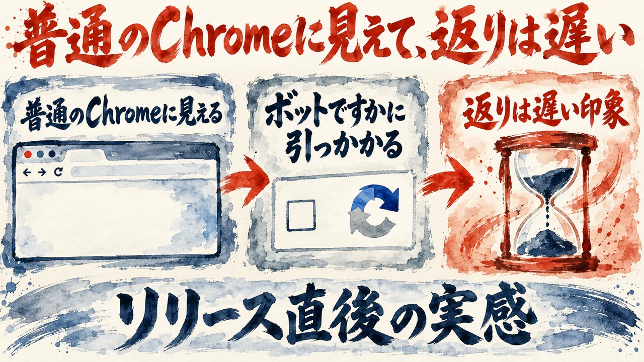 図解。普通のChromeに見える、ボットですかに引っかかる、返りは遅い印象、の三つの札に、ブラウザの窓と砂時計の水彩画が描かれ、下の帯にリリース直後の実感の文字。見出しは普通のChromeに見えて、返りは遅い