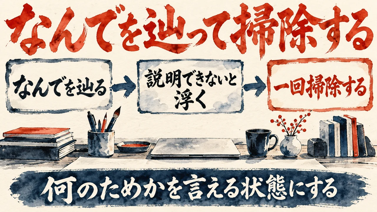 図解。なんでを辿る、説明できないと浮く、一回掃除する、の三つの札が矢印で並び、水彩画が添えられている