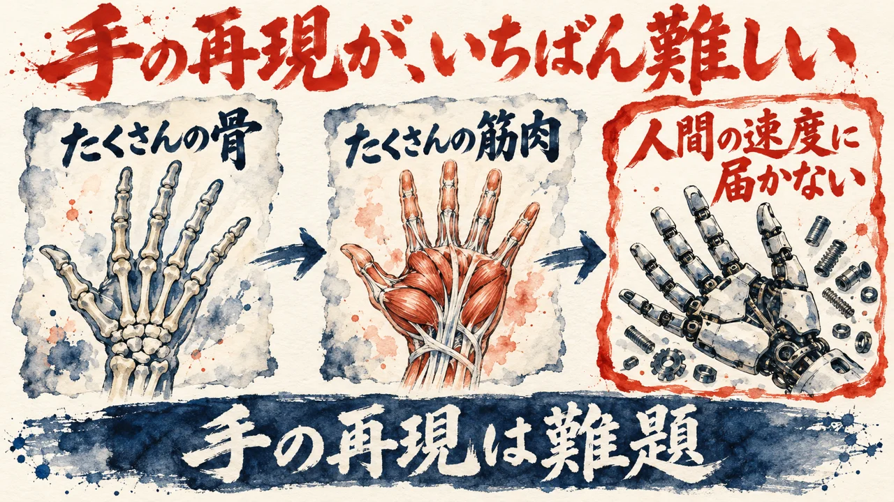 図解。たくさんの骨、たくさんの筋肉、人間の速度に届かない、の三つの札に、手の骨、筋肉、ロボットの手と部品の水彩画が描かれ、下の帯に手の再現は難題の文字。見出しは手の再現が、いちばん難しい