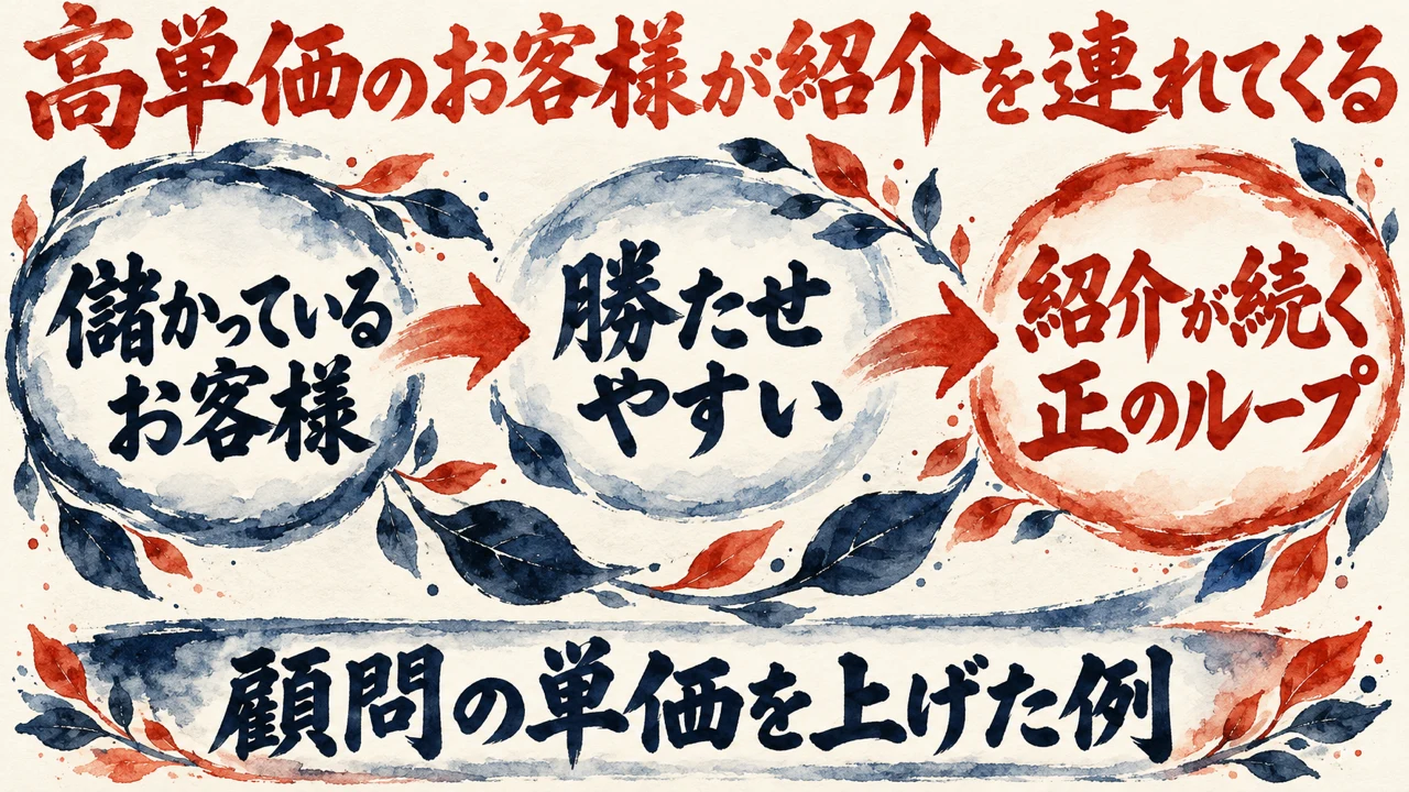 図解。儲かっているお客様、勝たせやすい、紹介が続く正のループ、の三つの丸い札が矢印で並び、下の帯に顧問の単価を上げた例の文字。見出しは高単価のお客様が紹介を連れてくる