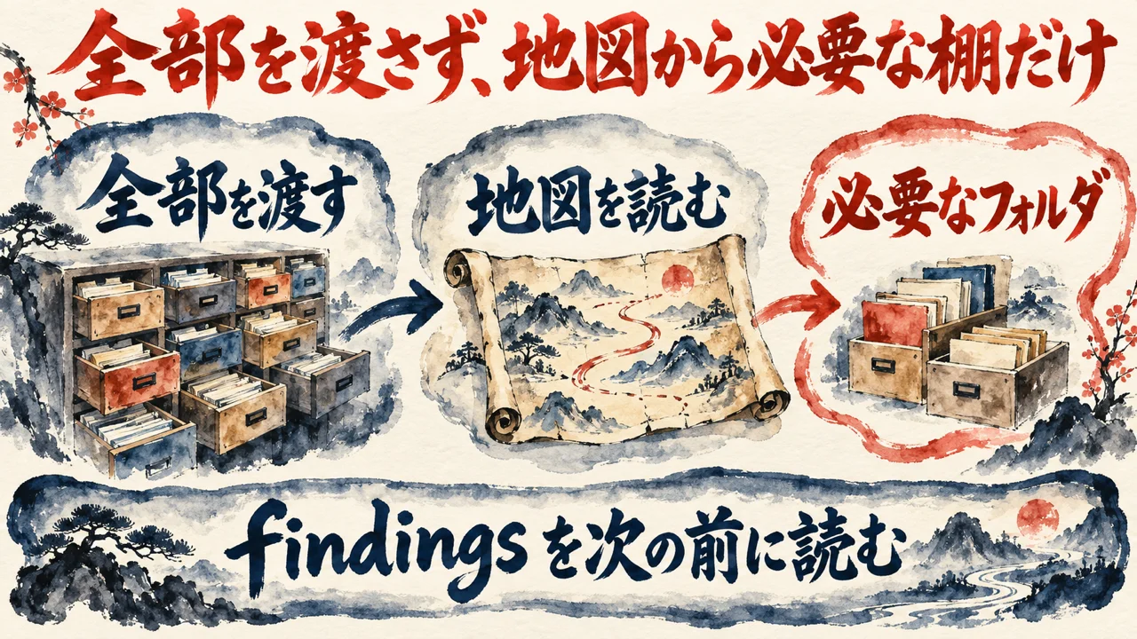 大きな書庫を全部持ち込まず、地図を見て必要な棚だけ取り出す水彩の図解