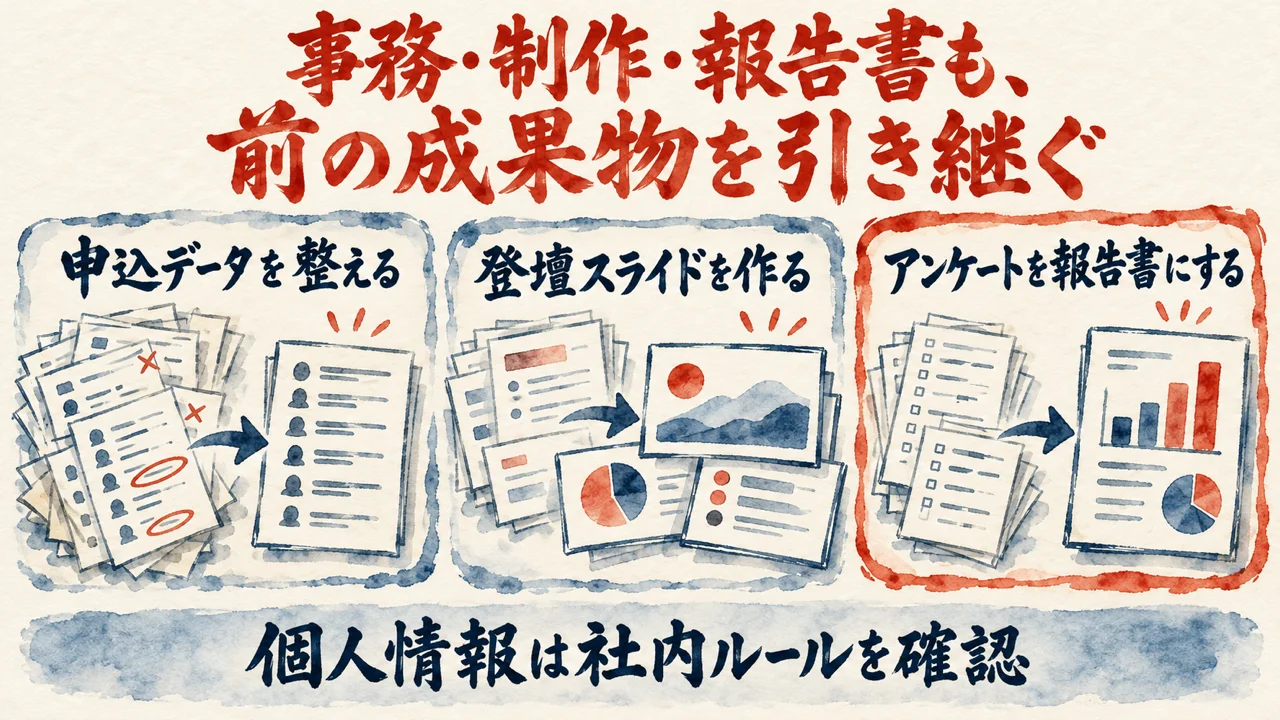 図解。申込データを整える、登壇スライドを作る、アンケートを報告書にする、の三つの札に、名簿と棒グラフの水彩画が描かれている。見出しは事務・制作・報告書も、前の成果物を引き継ぐ