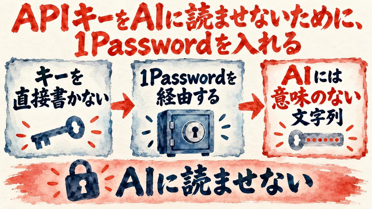 図解。キーを直接書かない、1Passwordを経由する、AIには意味のない文字列、の三つの札に、金庫と鍵の水彩画が描かれている。見出しはAPIキーをAIに読ませないために、1Passwordを入れる