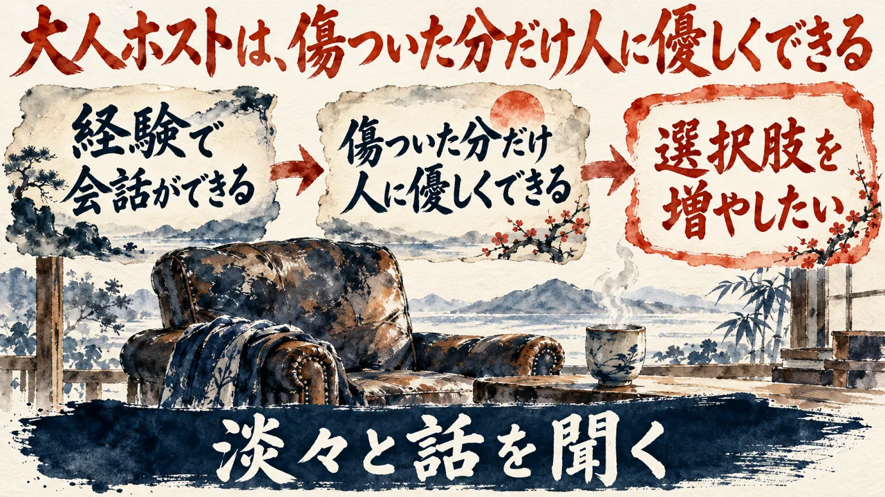 図解。経験で会話ができる、傷ついた分だけ人に優しくできる、選択肢を増やしたい、の三つの札が矢印で並び、肘掛け椅子と湯のみの水彩画が添えられている。見出しは、大人ホストは、傷ついた分だけ人に優しくできる