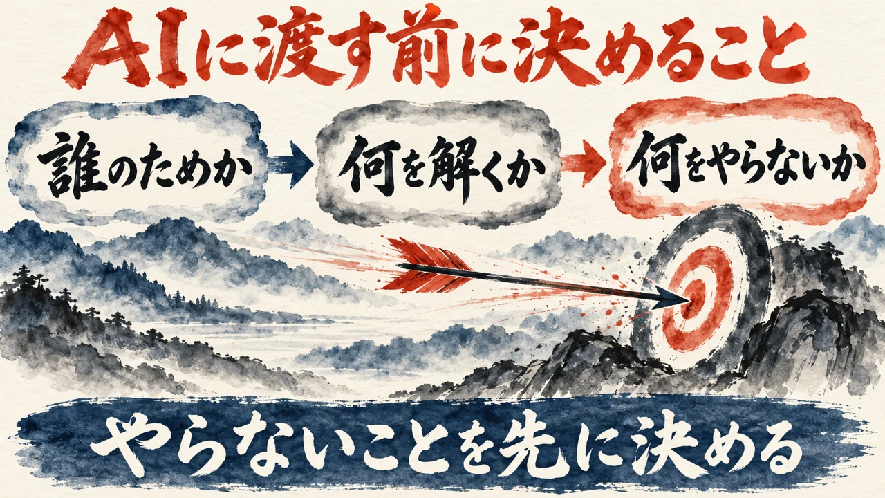 「AIに渡す前に決めること」の図解。「誰のためか」「何を解くか」「何をやらないか」の三つの札と水彩画。下の帯に「やらないことを先に決める」