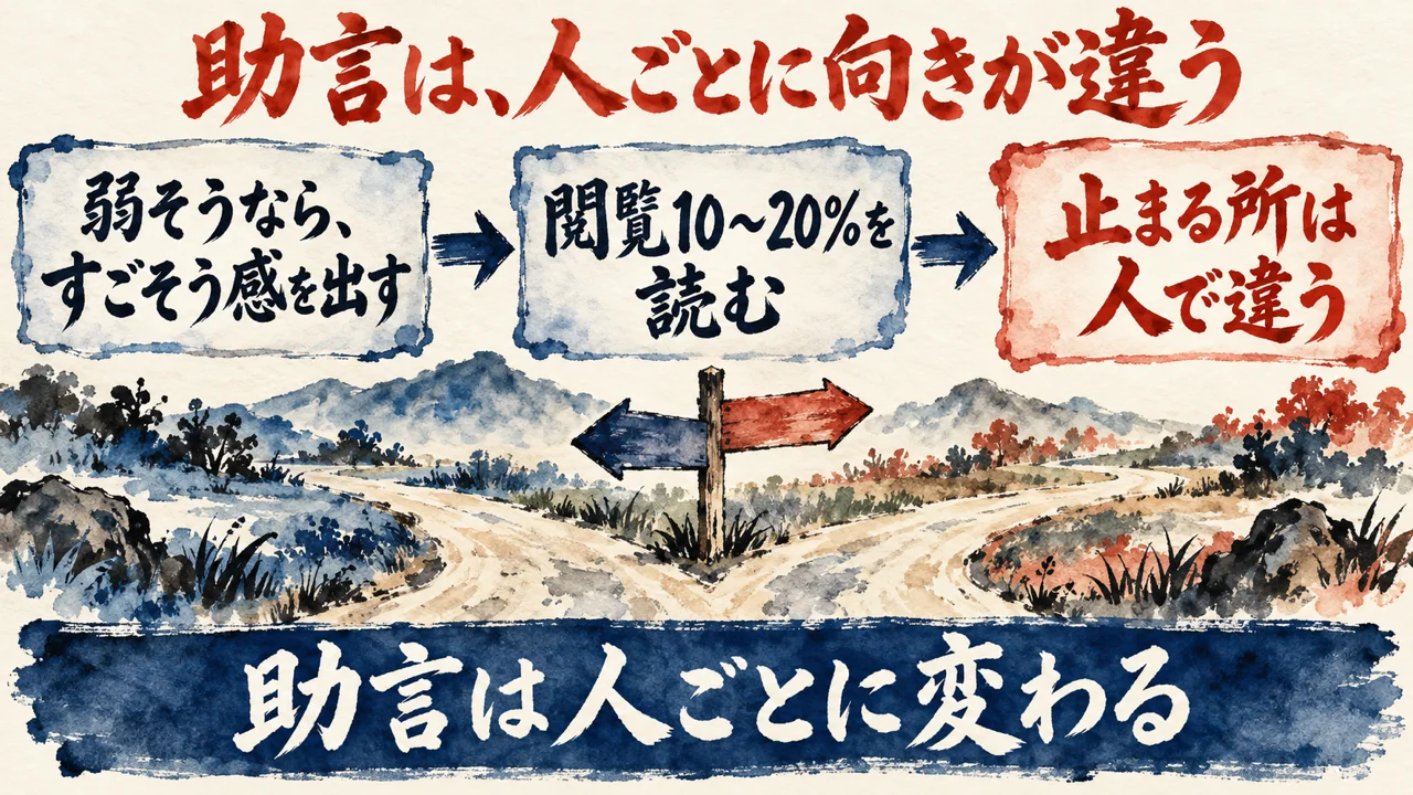 図解。弱そうなら、すごそう感を出す、閲覧10〜20%を読む、止まる所は人で違う、の三つの札が矢印で並び、分かれ道に立つ道しるべの水彩画が添えられている。下の帯に助言は人ごとに変わるの文字。見出しは助言は、人ごとに向きが違う