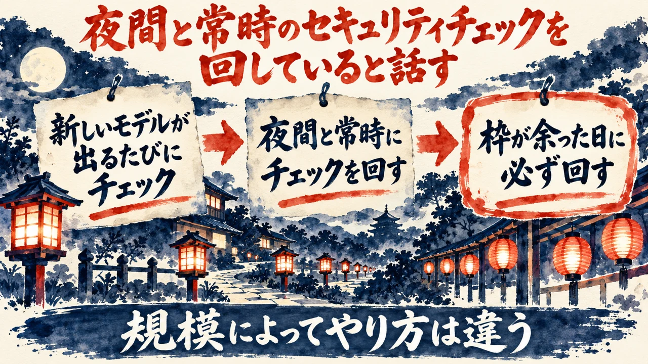 図解。新しいモデルが出るたびにチェック、夜間と常時にチェックを回す、枠が余った日に必ず回す、の三つの札に、夜の灯りと見回りの提灯の水彩画が描かれている。見出しは、夜間と常時のセキュリティチェックを回していると話す