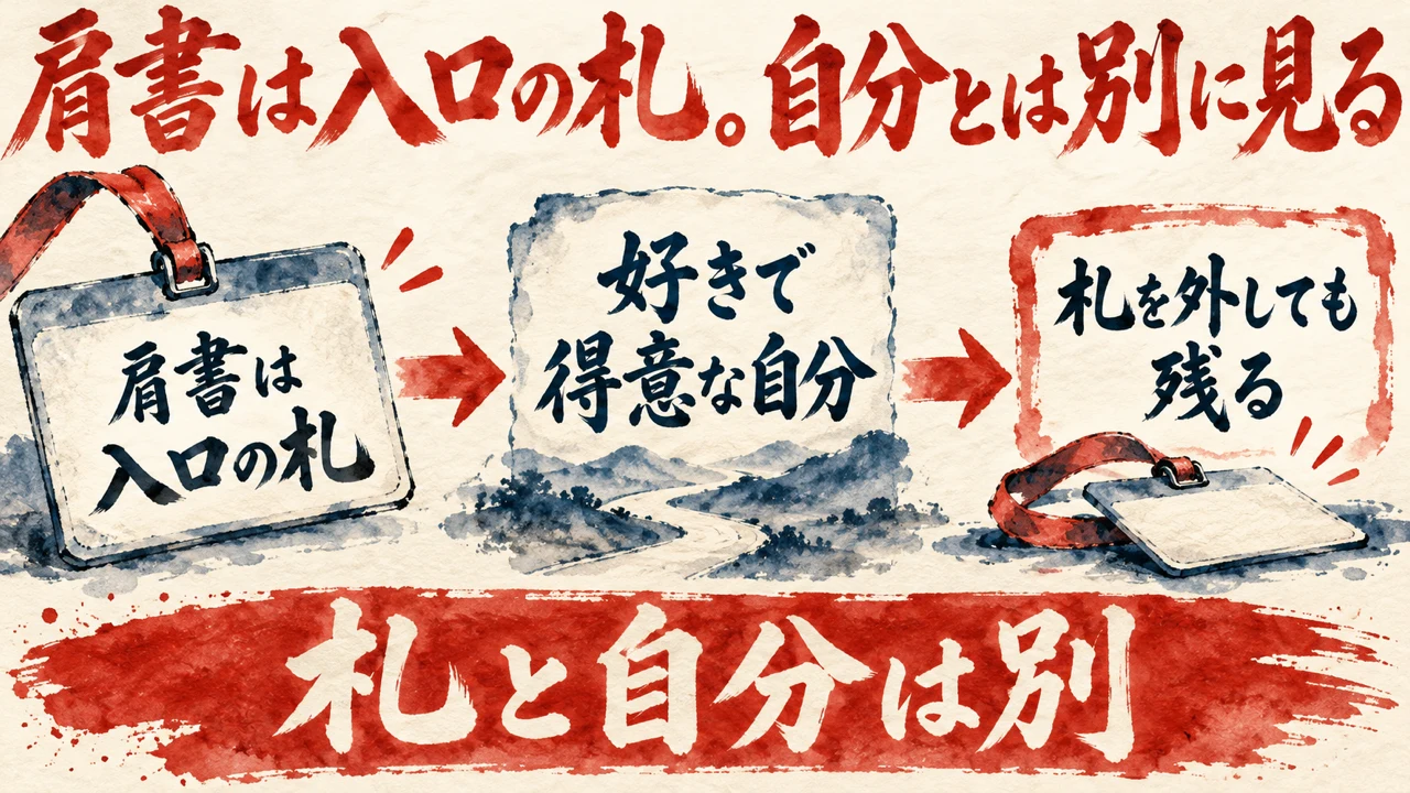 図解。肩書は入口の札、好きで得意な自分、札を外しても残る、の三つの札が矢印で並び、名札の水彩画が添えられている。見出しは肩書は入口の札。好きで得意な自分とは別に見る