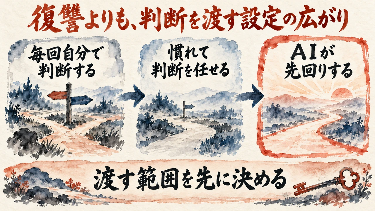 図解。毎回自分で判断する、慣れて判断を任せる、AIが先回りする、の三つの札に、分かれ道の標識と鍵の水彩画が描かれている。見出しは復讐よりも、判断を渡す設定の広がり