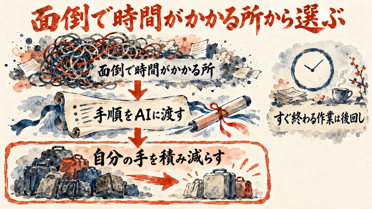 面倒で時間がかかる所から選び、手順をAIに渡し、自分の手を積み減らす、と三段で進む図解
