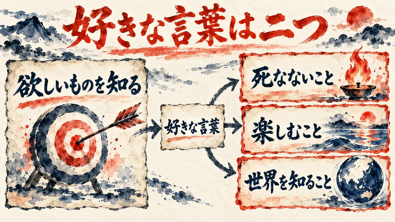 欲しいものを知ることと、好きな言葉の死なないこと・楽しむこと・世界を知ることを描いた図解