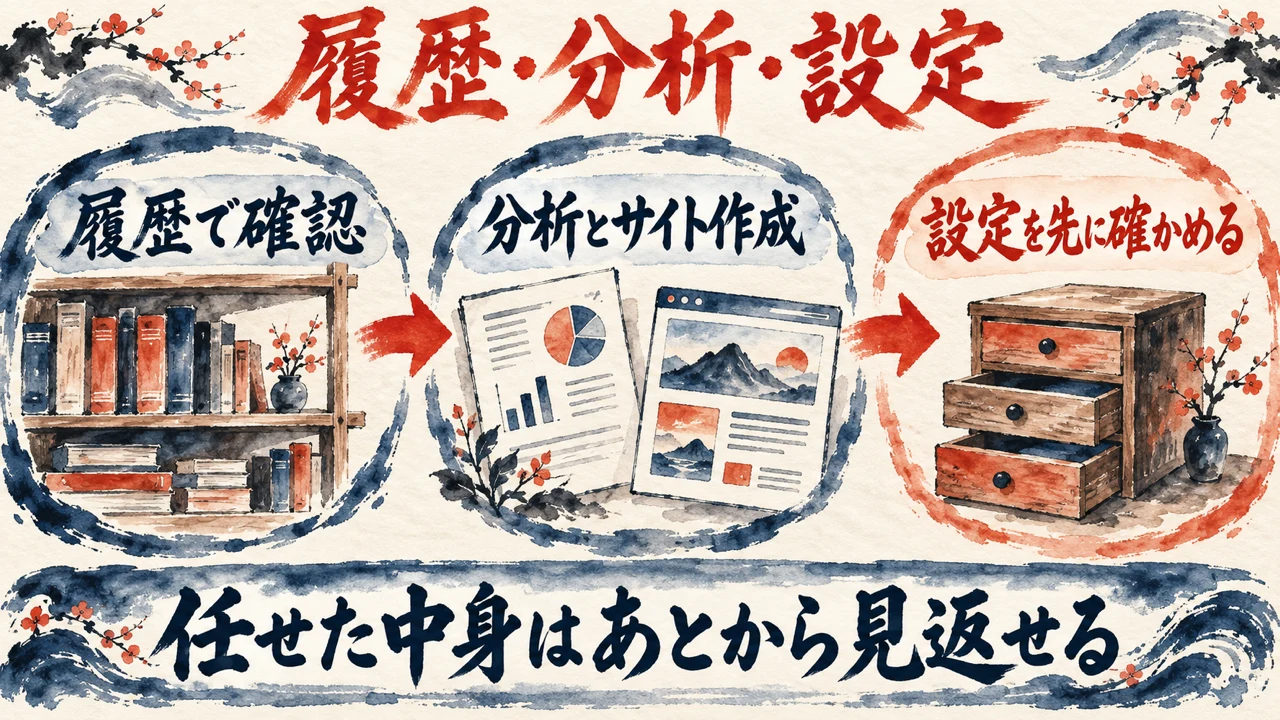 「履歴・分析・設定」の図解。「履歴で確認」「分析とサイト作成」「設定を先に確かめる」の3枚の札と水彩画。下の帯に「任せた中身はあとから見返せる」