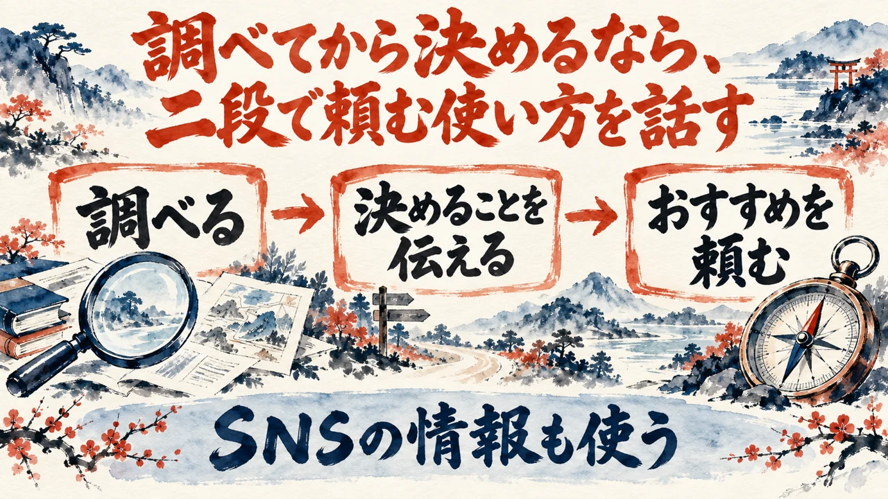 図解。調べる、決める、おすすめを頼む、の三つの札が矢印で並び、虫眼鏡と羅針盤の水彩画が描かれている。見出しは、調べてから決めるなら、2段で頼む使い方を話す