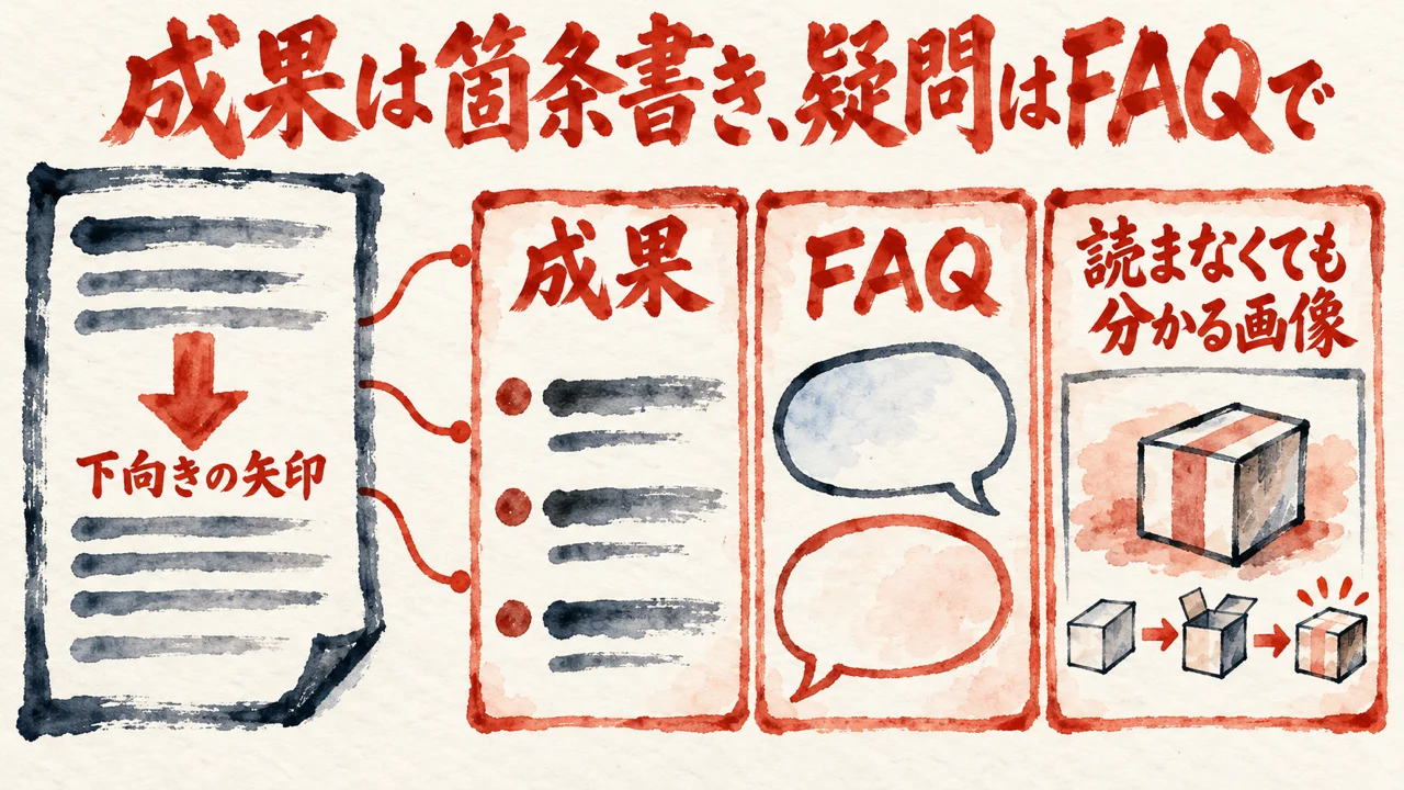 ページの最初の部分に下向きの矢印を置き、成果の箇条書き、購入前の疑問に答えるFAQ、読まなくても分かる画像の三つの札へつなぐ図解