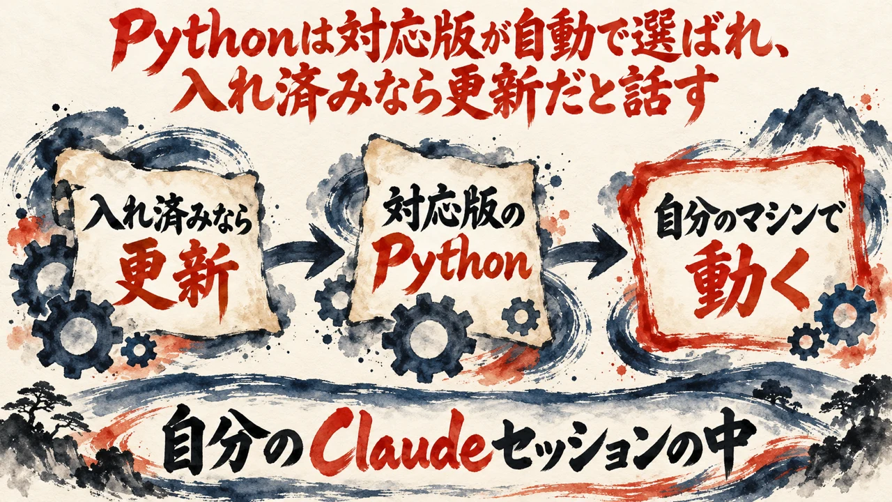 図解。入れ済みなら更新、対応版のPython、自分のマシンで動く、の三つの札が矢印で並び、小さな歯車の水彩画が描かれている。見出しは、Pythonは対応版が自動で選ばれ、入れ済みなら更新だと話す