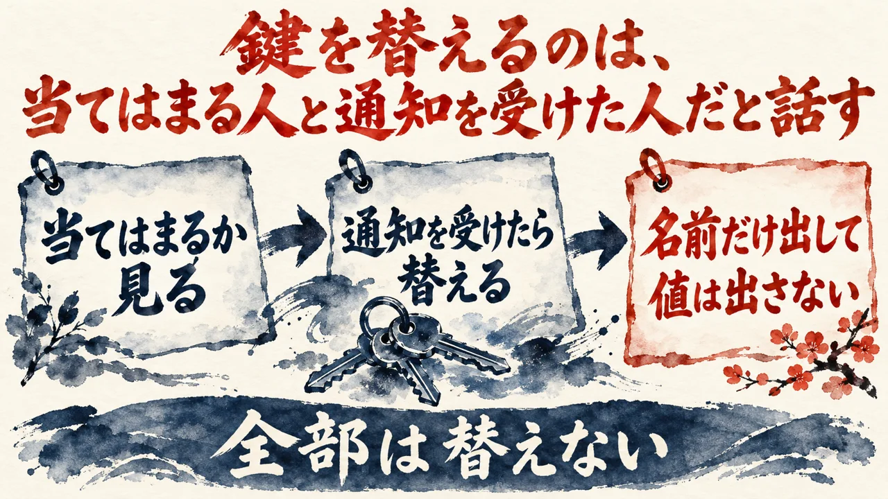 図解。当てはまるか見る、通知を受けたら替える、名前だけ出して値は出さない、の三つの札が矢印で並び、鍵束の水彩画が描かれている。見出しは、鍵を替えるのは、当てはまる人と通知を受けた人だと話す