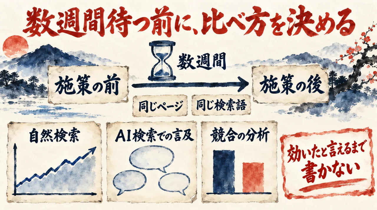 施策の前と後を、同じページと同じ検索語で数週間あけて比べる。自然検索、AI検索での言及、競合の分析の三つの画面を見て、効いたと言えるまで書かない、と描いた図解