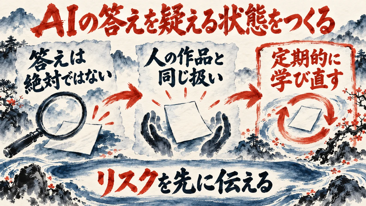 「リテラシーの教育」の図解。「答えは絶対ではない」「人の作品と同じ扱い」「定期的に学び直す」の三つの札と水彩画。下の帯に「リスクを先に伝える」