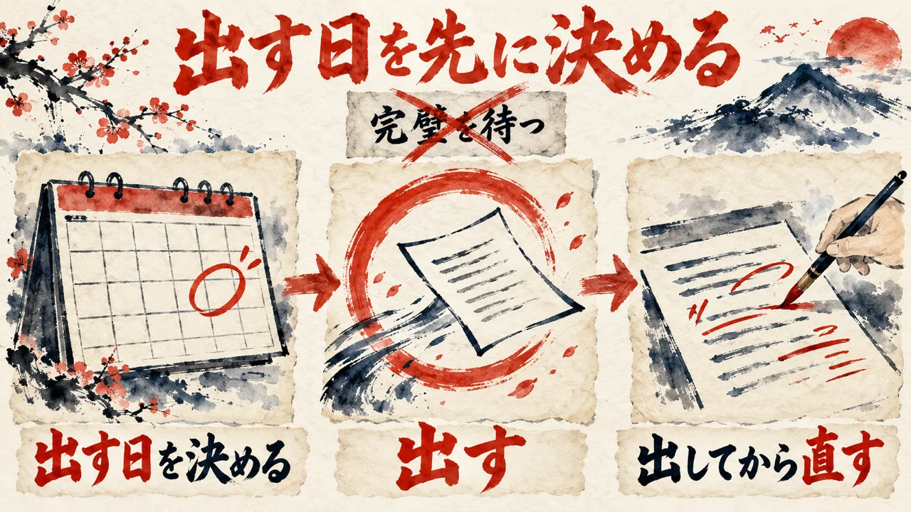 出す日をカレンダーに丸で決め、出してから直す流れと、完璧を待つ×を描いた図解