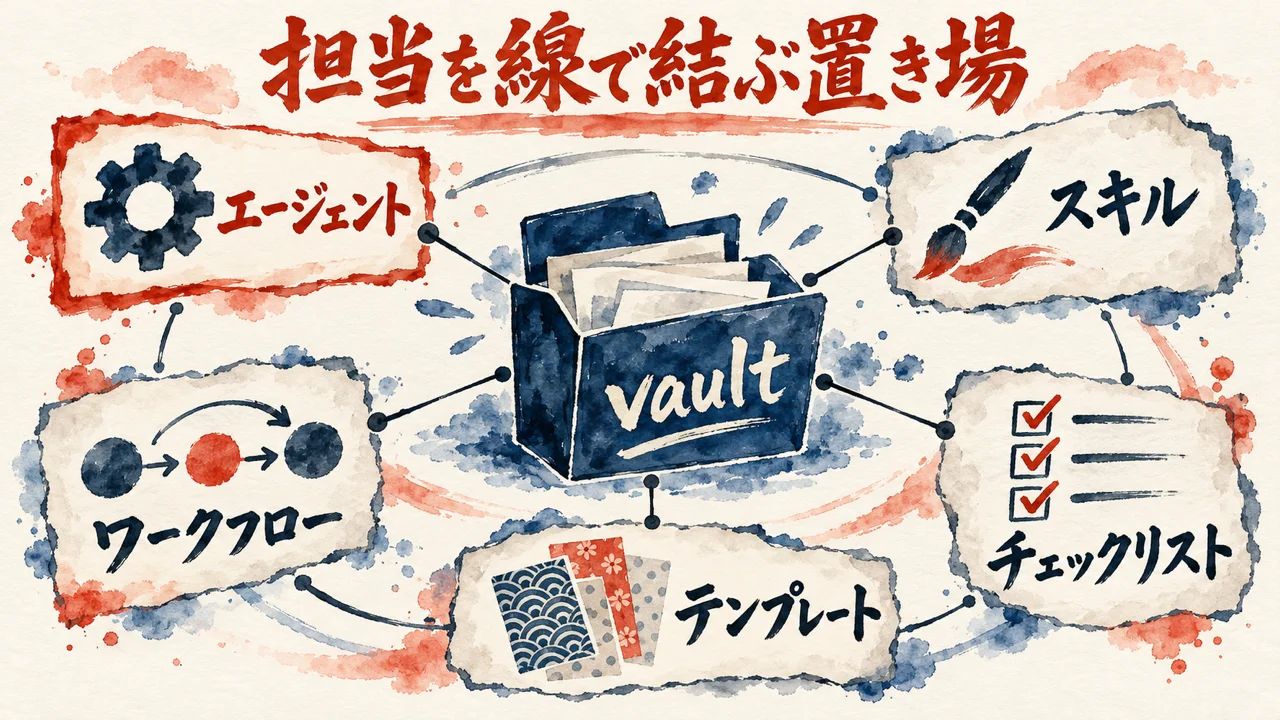 vaultを中央に置き、エージェント・スキル・ワークフロー・テンプレート・チェックリストの五枚の札を線で結んだ図解
