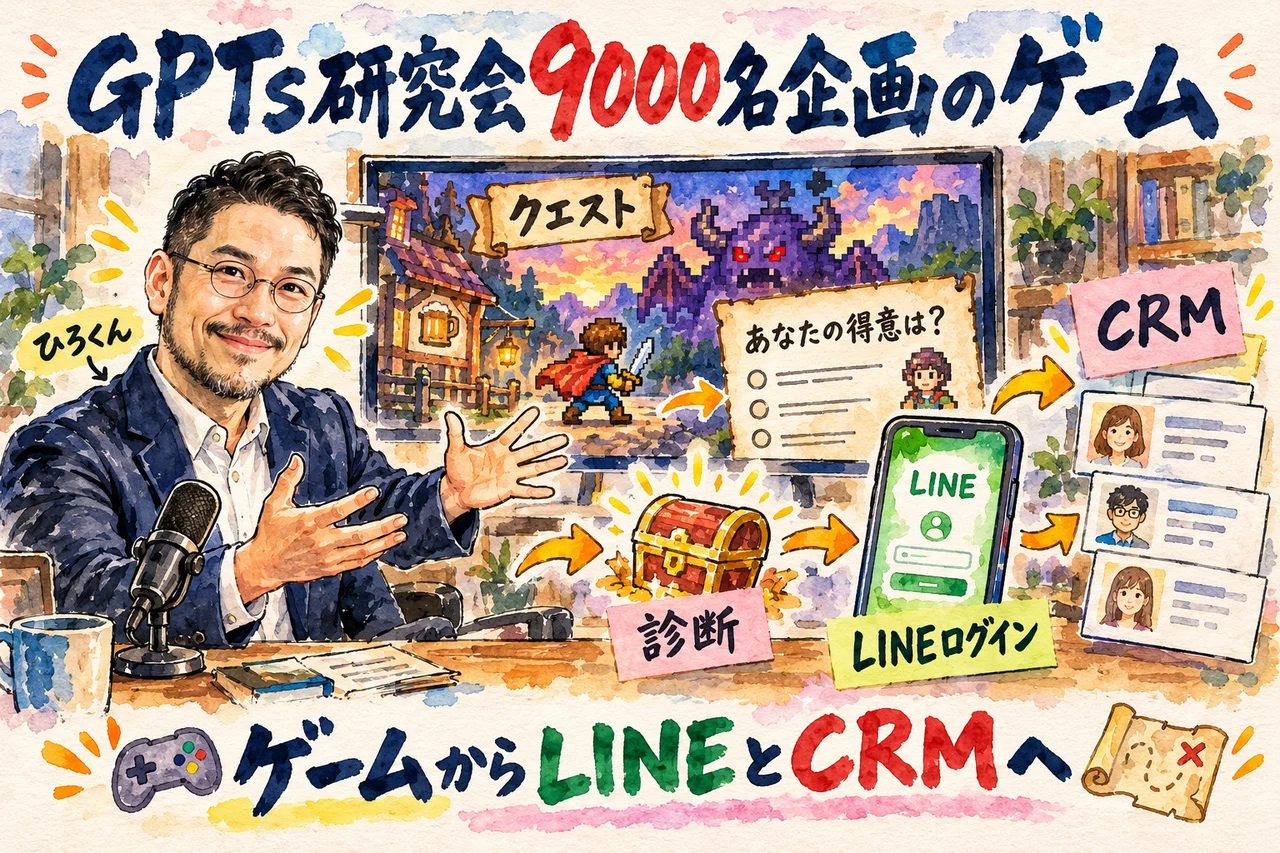 GPTs研究会9000名企画のゲーム｜LINEログインと診断、CRMにつなぐ仕組みをひろくんが紹介する場面の図
