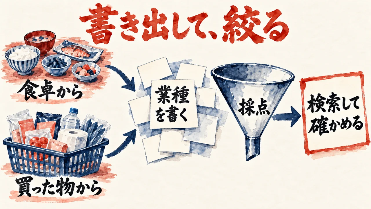 食卓からと買った物からの二つの入口から業種を書き、採点のじょうごを通して一枚の付箋に絞る図解