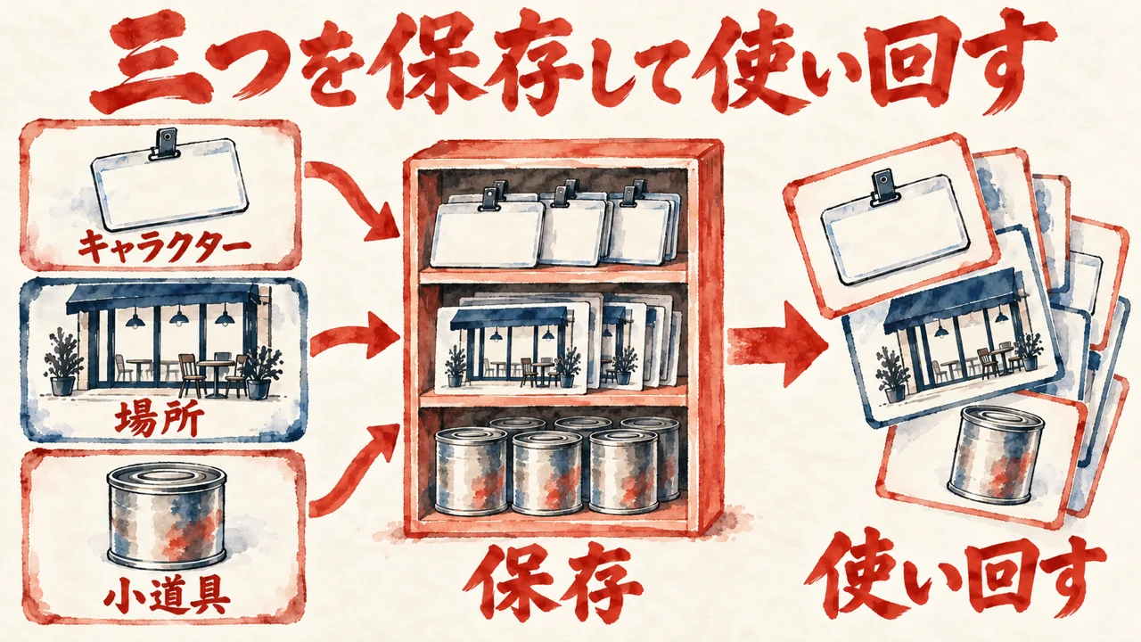 キャラクター、場所、小道具の三枚の札が保存の棚に入り、使い回す何枚もの札として出てくる図解