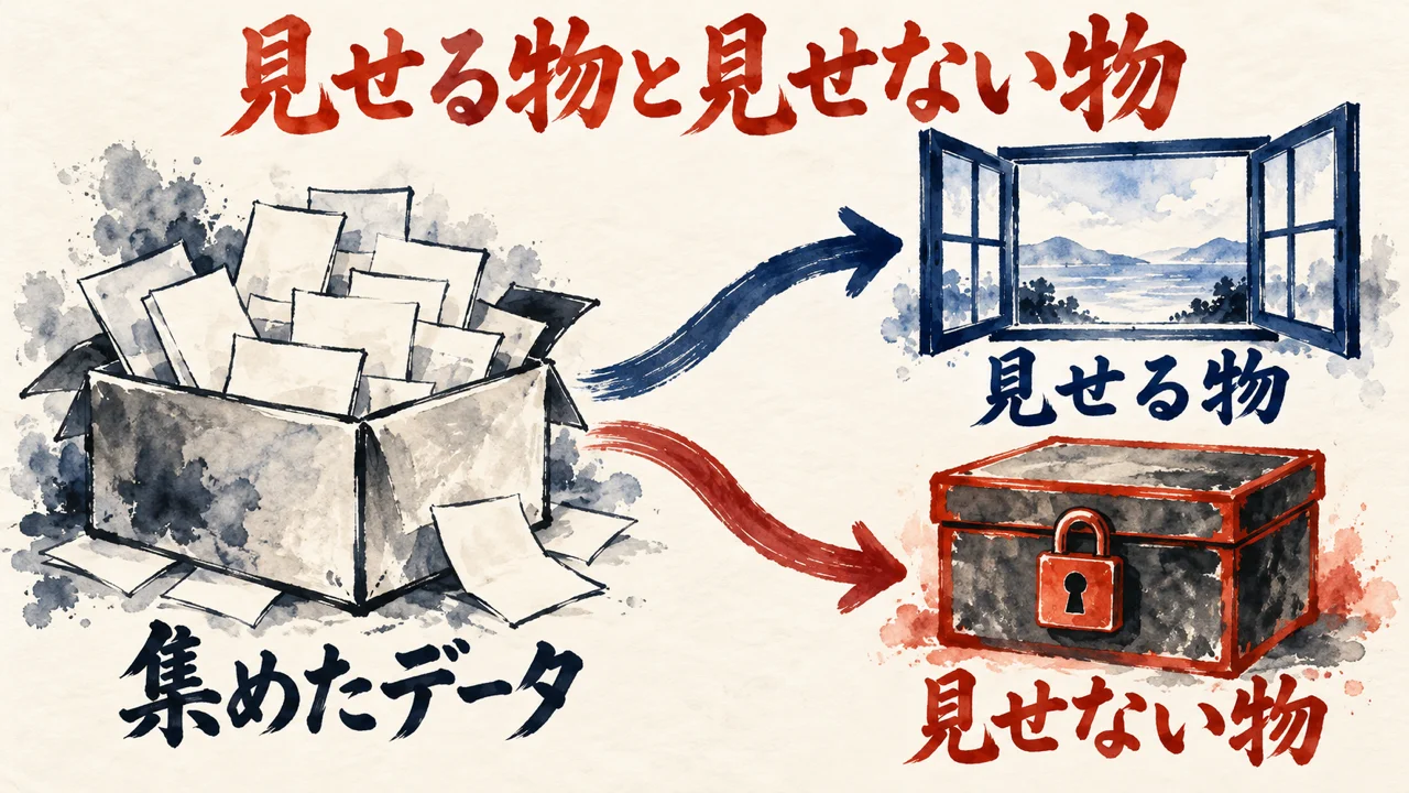 集めたデータの中から、見せる物と見せない物に分かれていく分岐の図