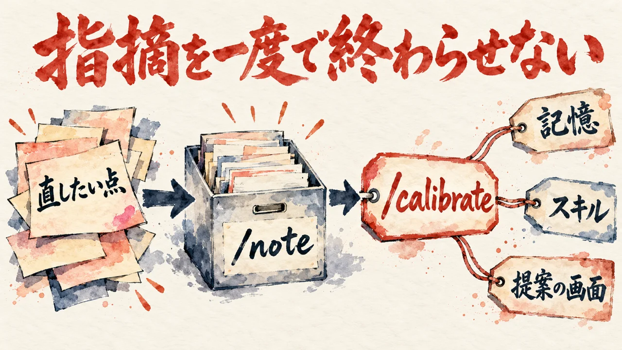 直したい点の付箋がnoteの箱に入り、calibrateを通って記憶、スキル、提案の画面へ分かれる図解