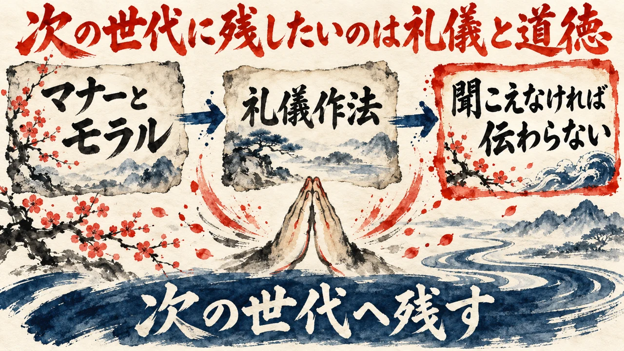 図解。マナーとモラル、礼儀作法、聞こえなければ伝わらない、の三つの札に、合わせた両手の水彩画が描かれ、下の帯に次の世代へ残すの文字。見出しは次の世代に残したいのは礼儀と道徳