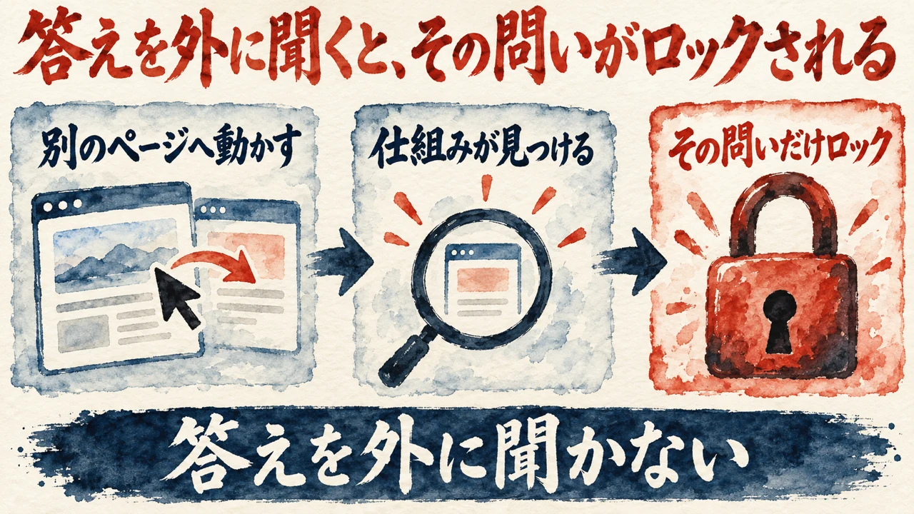 別のページへ動かすと仕組みが見つけ、その問いだけ錠がかかる流れの和風水彩の図解