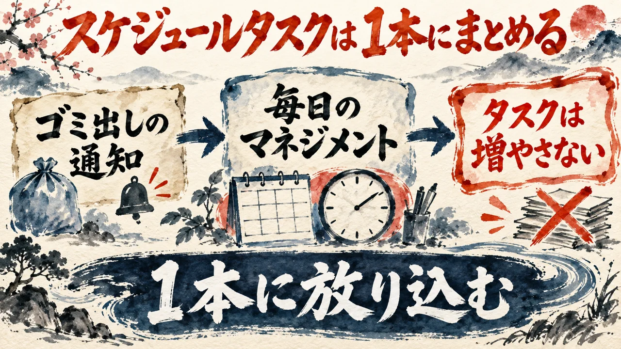 図解。ゴミ出しの通知、毎日のマネジメント、タスクは増やさない、の三つの札に、時計とカレンダーの水彩画が描かれている。見出しはスケジュールタスクは毎日のマネジメント1本に放り込む