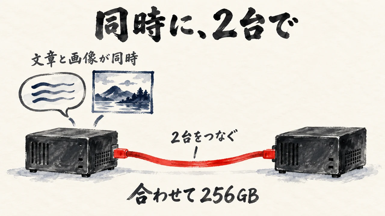 図解。文章のAIと画像のAIが同時に動く、2台をつなぐ、メモリ合計256GB、の三つの札に、2つの箱とケーブルの水彩画が描かれている。見出しはLLMと画像生成を同時に動かし、2台で大きなモデルに届く