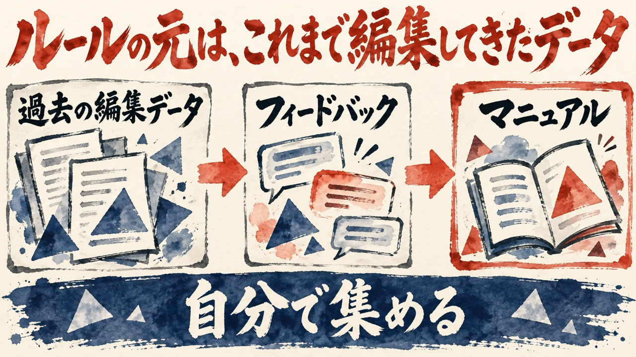 図解。過去の編集データ、フィードバック、マニュアル、の三つの札が一つの三角形に集まる水彩画が描かれている。見出しはルールの元は、これまで編集してきたデータ