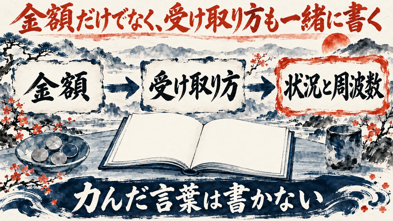 図解。金額、受け取り方、状況と周波数、の札が矢印で並び、開いたノートと硬貨を入れた器の水彩画が添えられている。見出しは実演の願い3万ドルを金額と受け取り方と一緒に書く