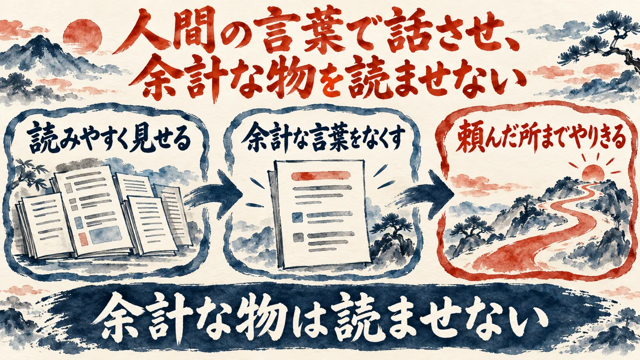 図解。読みやすく見せる、余計な言葉をなくす、頼んだ所までやりきる、の三つの札が矢印で並ぶ水彩画。見出しは人間の言葉で話させ、余計な物は読ませない