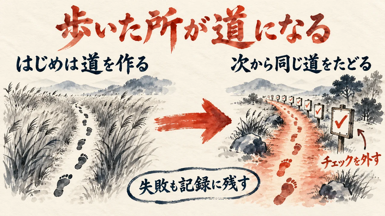 左にはじめは道を作る、右に次から同じ道をたどる前後の図。右の道の脇にチェックを外す札があり、矢印の下に失敗も記録に残す、と書かれている