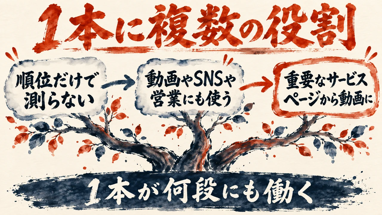 図解。順位だけで測らない、動画やSNSや営業にも使う、重要なサービスページから動画にする、の三つの札で、1本に複数の役割を持たせると示す