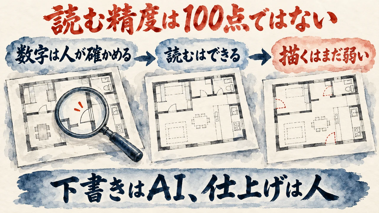 図解。数字は人が確かめる、読むはできる、描くはまだ弱い、の三つの札が矢印で並ぶ水彩画。見出しは読む精度は100点ではなく、描くのはまだ弱い