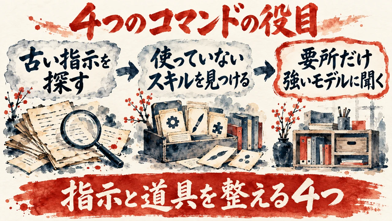 図解。古い指示を探す、使っていないスキルを見つける、要所だけ強いモデルに聞く、の三つの札で、新しい4つのコマンドの役目を示す
