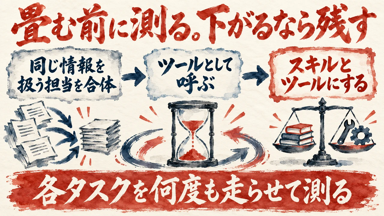 図解。同じ情報を扱う担当を合体、ツールとして呼ぶ、スキルとツールにする、の三段階と、各タスクを何度も走らせて測ることを描いた水彩画