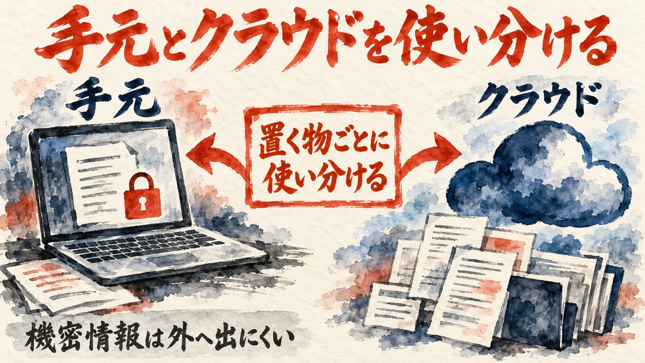 手元のノートPCとクラウドを左右に並べ、中央の朱色の札で置く物ごとに使い分けることを示した図解