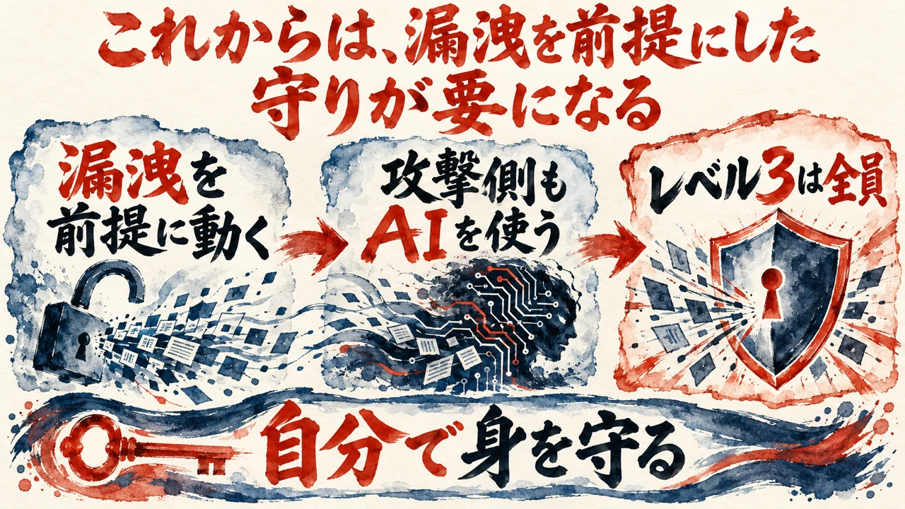 図解。漏洩を前提に動く、攻撃側もAIを使う、レベル3は全員、の三つの札が矢印で並び、自分で身を守る、の帯が添えられている水彩画。見出しはこれからは漏洩を前提にした守りが要になる