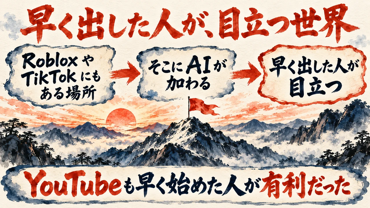 図解。RobloxやTikTokにもある場所にAIが加わり、早く出した人が目立つ、という流れ。山頂に立つ旗と朝日を描き、YouTubeも早く始めた人が有利だった、と添えた水彩画