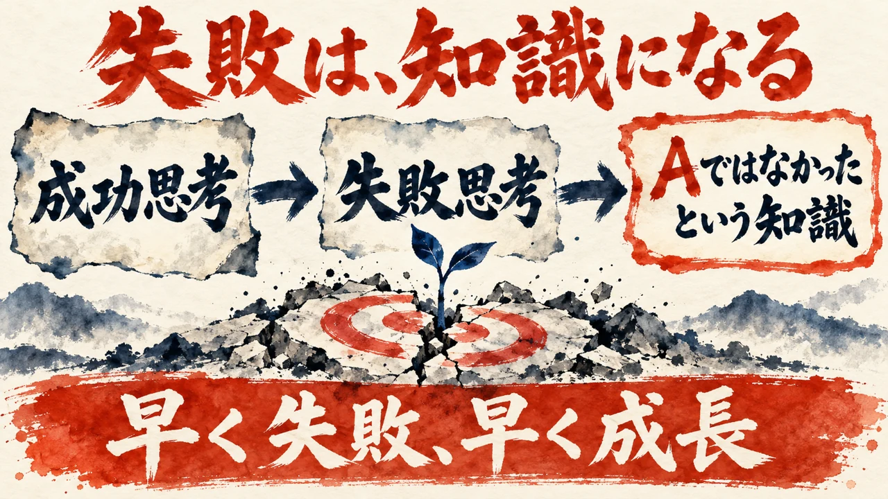 図解。成功思考から失敗思考へ、外れた仮説が知識になる流れを、ひび割れた的から芽が出る水彩画で描いた図