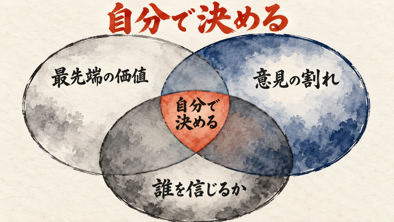 最先端の価値、意見の割れ、誰を信じるか、の三つの丸を重ね、重なる真ん中に自分で決めると書いた図