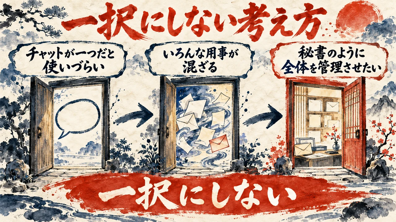 図解。Museだけ、Grok Botだけのチャットは使いづらい、チャットが一つだと混ざる、秘書のように全体を管理させたい、の三つの札で、一択にしない考え方を示す