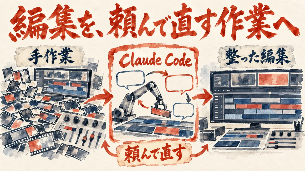 小さなフィルム片を手で並べる手作業の札から、Claude Codeの吹き出しの札を経て、整った編集の帯へ進む図解