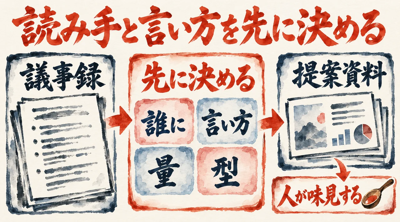 議事録から提案資料へ進む間に、誰に、言い方、量、型の四つを先に決める札を置き、下に、人が味見する、の札を添えた図解
